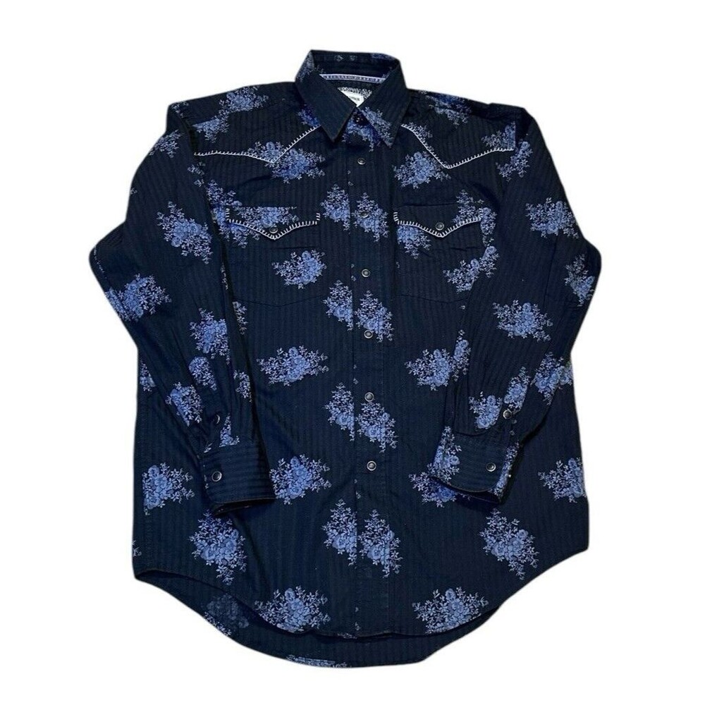 Panhandle Rough Stock slim 100% cotton black snaps gray floral print M *READ*
